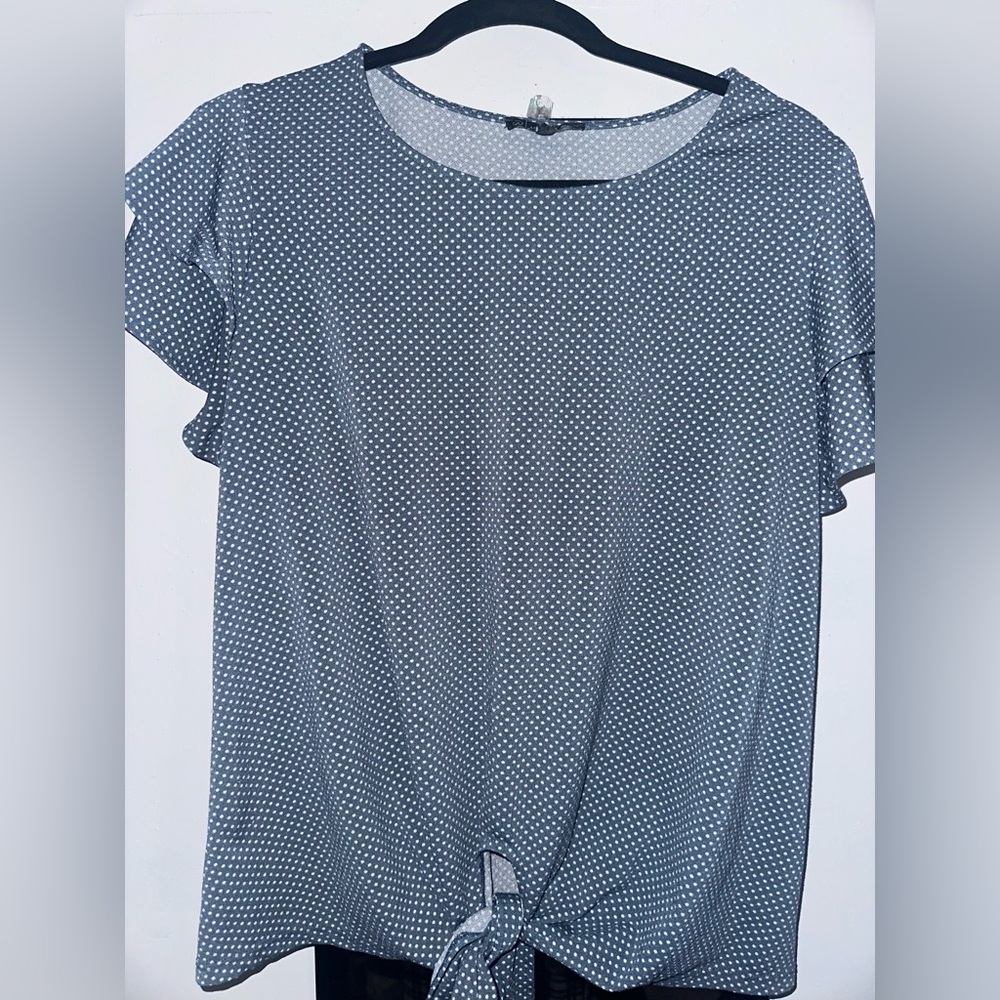 Adrianna Papell Blue Polka Dot Tie Front Blouse